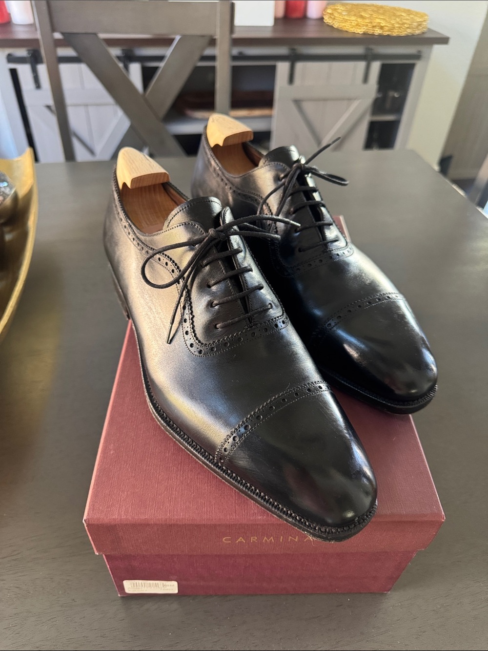 Carmina Black Cap-Toe Derby in Polished Leather